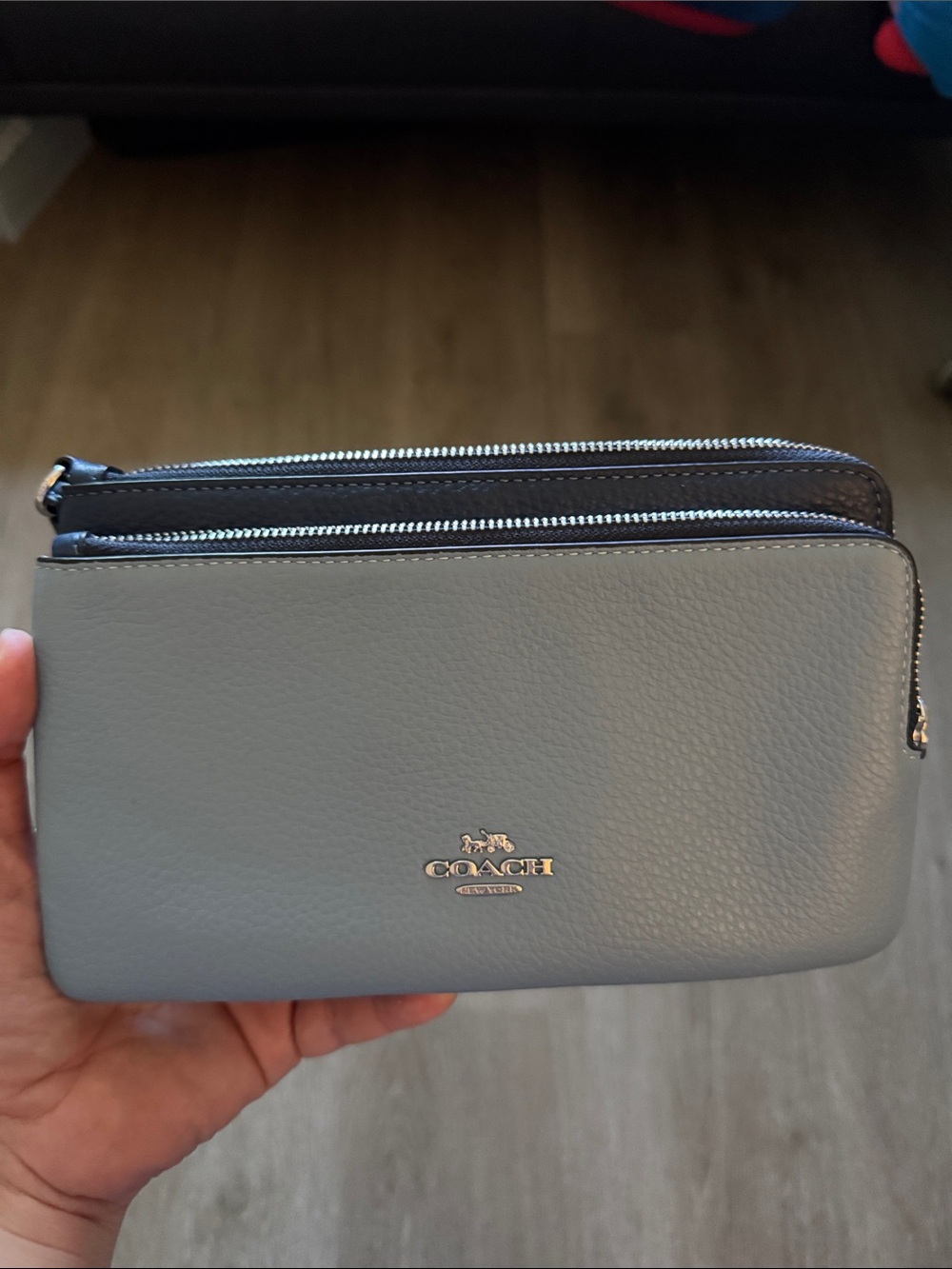 Coach Pebbled Leather Double-Zip Wristlet in Pale Blue Gray